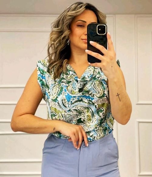 Μπλούζα Σατέν Εμπριμέ Ντραπέ Voice Fashion